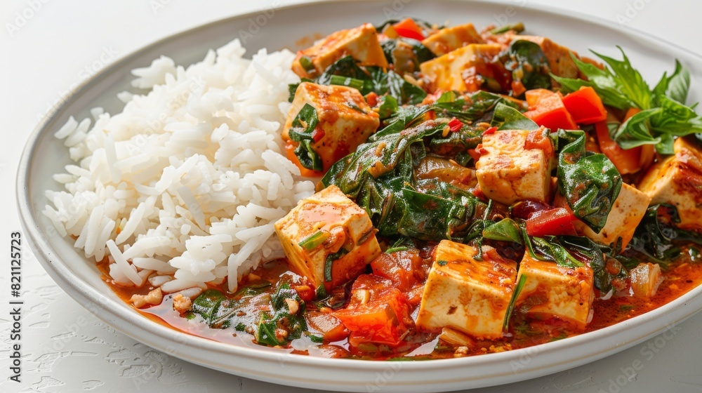 Flavorful Thai Basil Tofu Stir-Fry Served with Rice on White Background Flavorful Thai Basil Tofu Stir-Fry Served with Rice on White Background