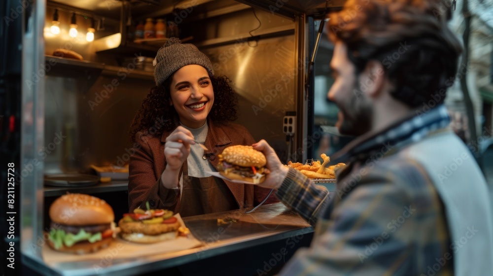Fresh Gourmet Burger is served to a happy young woman at a street food truck. A young man in a suit is ordering burgers from the truck in a hip neighborhood in the city.