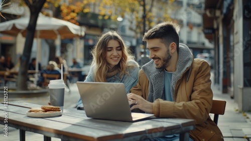Wallpaper Mural An outdoor street food cafe with a young couple using a laptop while browsing the Internet or updating their status. They smile and are happy. Torontodigital.ca