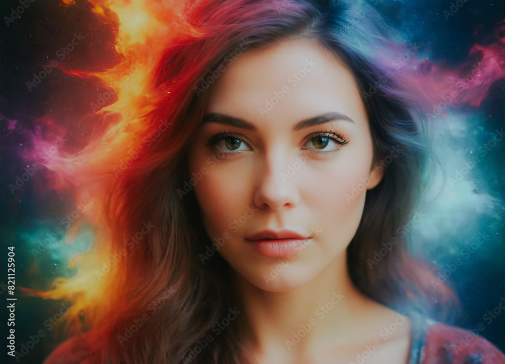A woman with long hair and a colorful background. The background is a mix of red, blue, and yellow A woman with long hair and a colorful background. The background is a mix of red, blue, and yellow
