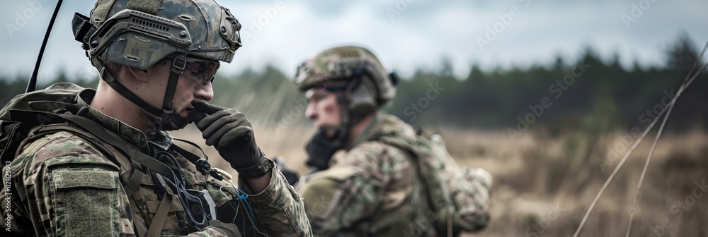 Fototapeta premium Two soldiers equipped with radio headsets in a natural setting, suggesting a military operation