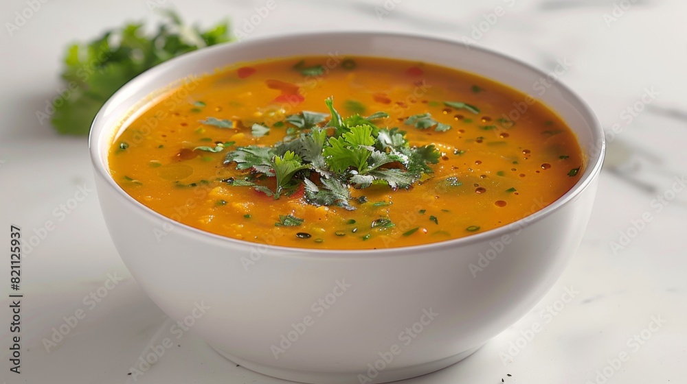 Creamy Thai Pumpkin Soup with Coconut Milk and Cilantro on White Background in Bright Light Creamy Thai Pumpkin Soup with Coconut Milk and Cilantro on White Background in Bright Light