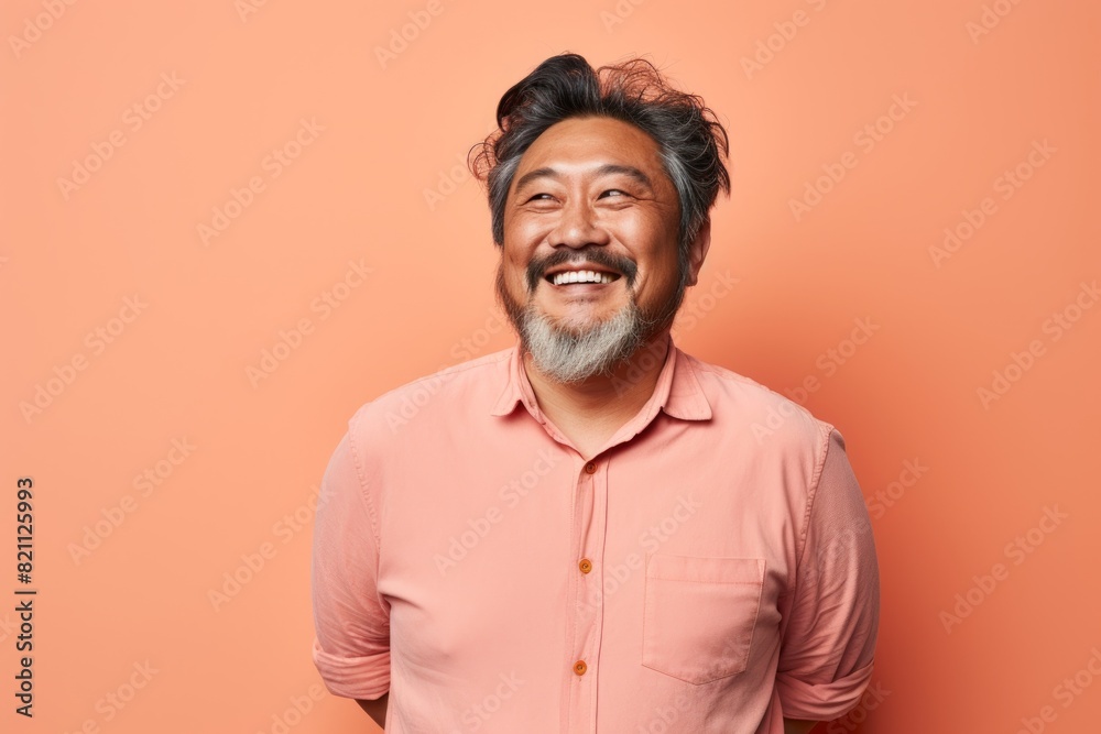 Portrait of a jovial asian man in his 50s smiling at the camera in solid pastel color wall