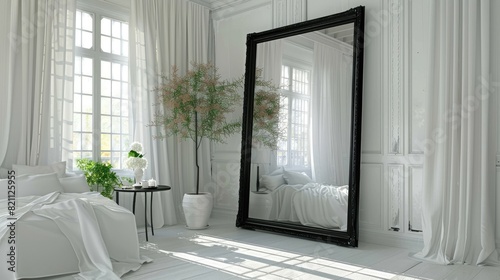 a modern black frame full-body mirror, accentuating a living room with its reflection of white walls, a cozy sofa, a stylish side table adorned with a potted plant, and the natural light streaming.