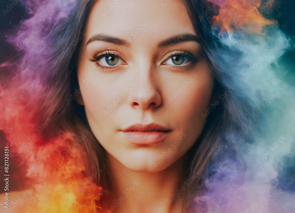 A woman with a colorful hair and a colorful background