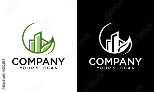 Creative green city logo, building + leaf logo