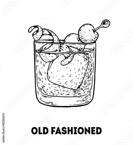 Old fashioned cocktail illustration. Hand drawn sketch. Vector illustration. Isolated object.