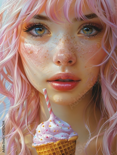 AnimeManga Style Half face of a woman with large, expressive eyes and an animestyle ice cream cone, featuring bright and bold colors photo