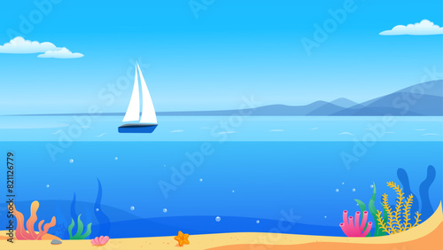 Vector landscape of blue sea, above and under water, yacht sky background. Sea or ocean marine fauna coral reefs summer vacation concept seaside landscape background horizontal vector illustration