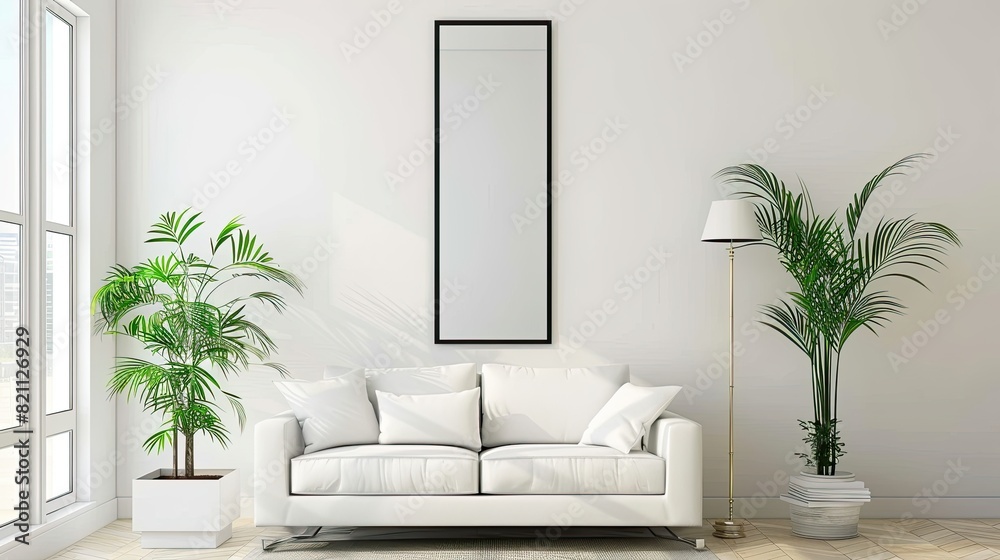 a modern black frame full-body mirror, accentuating a living room with its reflection of white walls, a cozy sofa, a stylish side table adorned with a potted plant, and the natural light streaming.