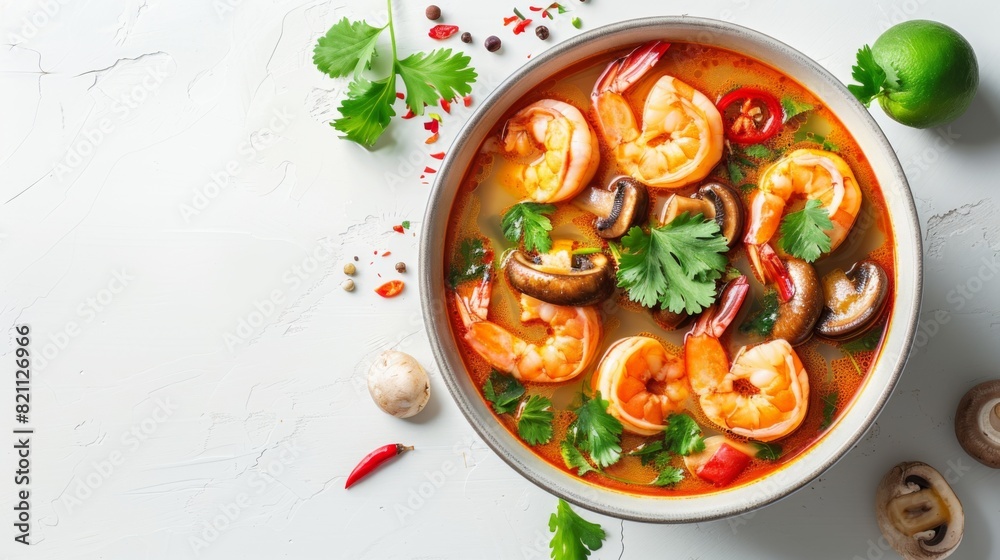Vibrant Tom Yum Soup with Shrimp, Mushrooms, and Fresh Herbs on White Background with Sunlight. Vibrant Tom Yum Soup with Shrimp, Mushrooms, and Fresh Herbs on White Background with Sunlight.