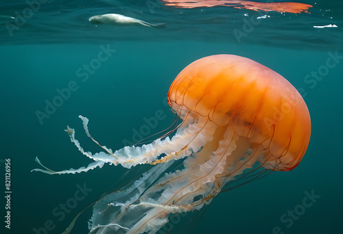  A vibrant orange jellyfish gracefully pulsates through a turquoise ocean, its tentacles trailing behind photo