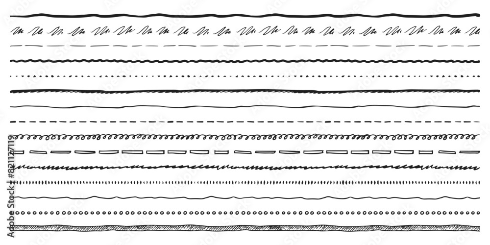 Vector curve line set. Wavy border element or dividing decoration, underline scribble or ornamental divider. Brushstroke and waveform curve, wiggle contour for typography decor. Pen doodle, zigzag Vector curve line set. Wavy border element or dividing decoration, underline scribble or ornamental divider. Brushstroke and waveform curve, wiggle contour for typography decor. Pen doodle, zigzag