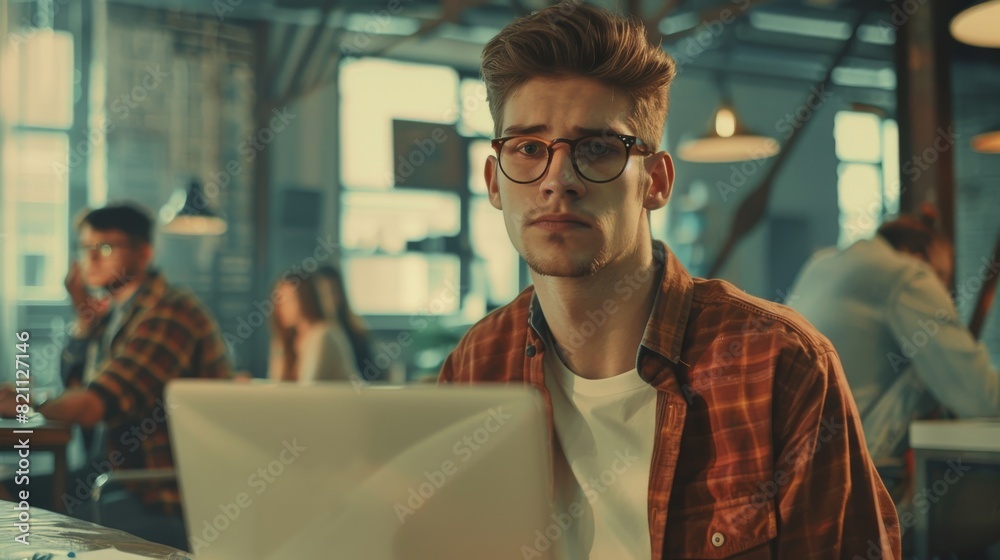 He's working on a laptop in a creative business agency. They work in loft offices. Diverse people are working in the background. He has a good mood. He's working on a laptop in a creative business agency. They work in loft offices. Diverse people are working in the background. He has a good mood.