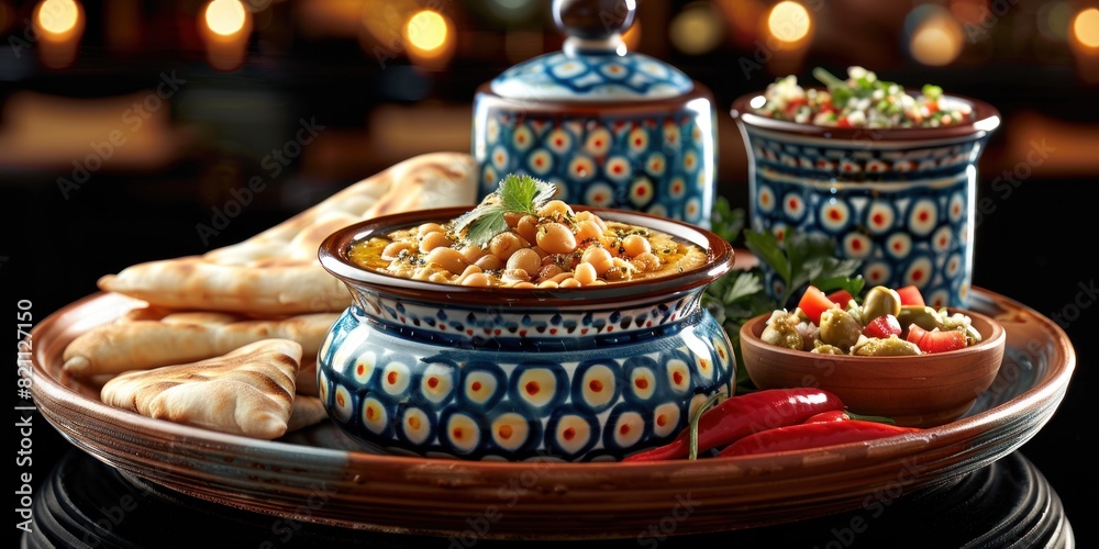 Plate of food with salsa and pita bread