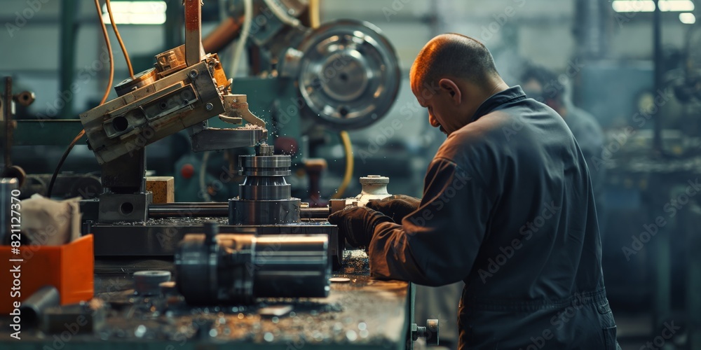 A machinist is intently operating heavy machinery in a factory setting, focusing on precision and quality A machinist is intently operating heavy machinery in a factory setting, focusing on precision and quality