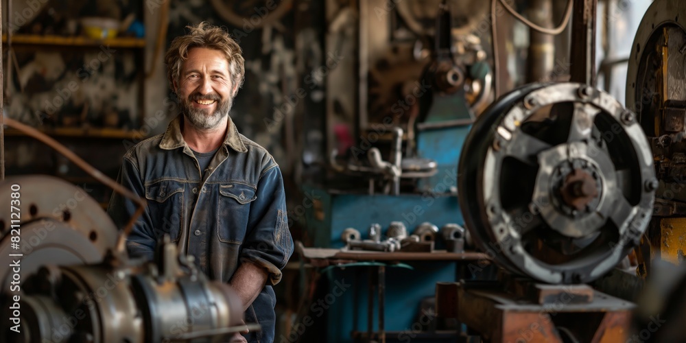 A cheerful mechanic standing comfortably in a well-equipped machine shop reflects skilled manual labor and craftsmanship