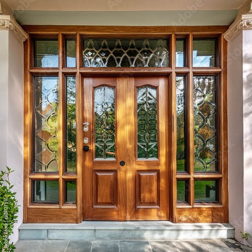 wooden door.a wooden door with a metal frame and glass panels  showcasing the textures and design details