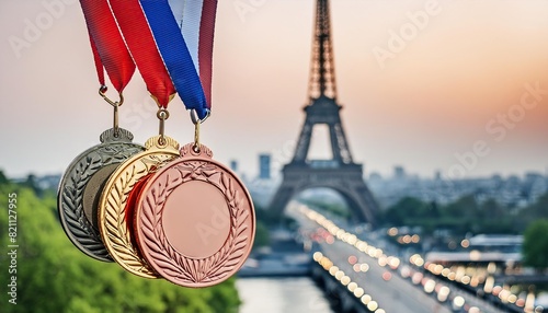 medals against the backdrop of Paris with the Eiffel Tower in a blurred background 