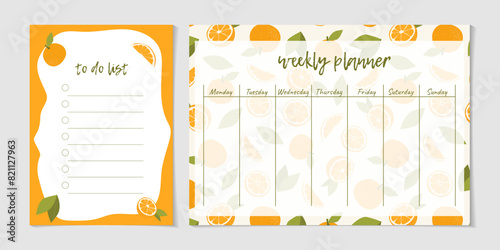 Cute weekly schedule and to do list with oranges. Template for notes planners, checklists journal and other stationery. Kids journal page design with fruits. Stylish sweet weekly planner