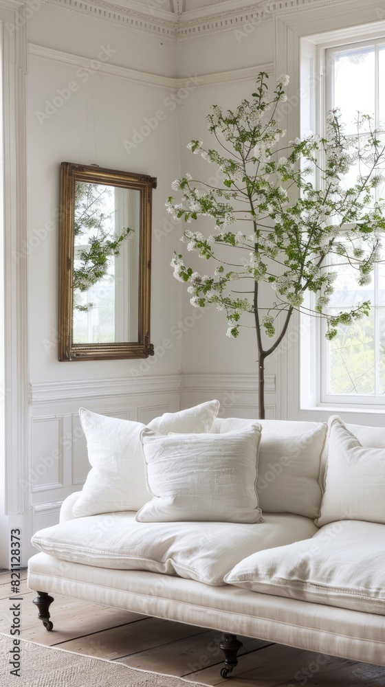 a modern black frame full-body mirror, accentuating a living room with its reflection of white walls, a cozy sofa, a stylish side table adorned with a potted plant, and the natural light streaming. a modern black frame full-body mirror, accentuating a living room with its reflection of white walls, a cozy sofa, a stylish side table adorned with a potted plant, and the natural light streaming.
