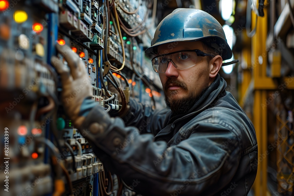 Man in hard hat and glasses working on a machine Man in hard hat and glasses working on a machine