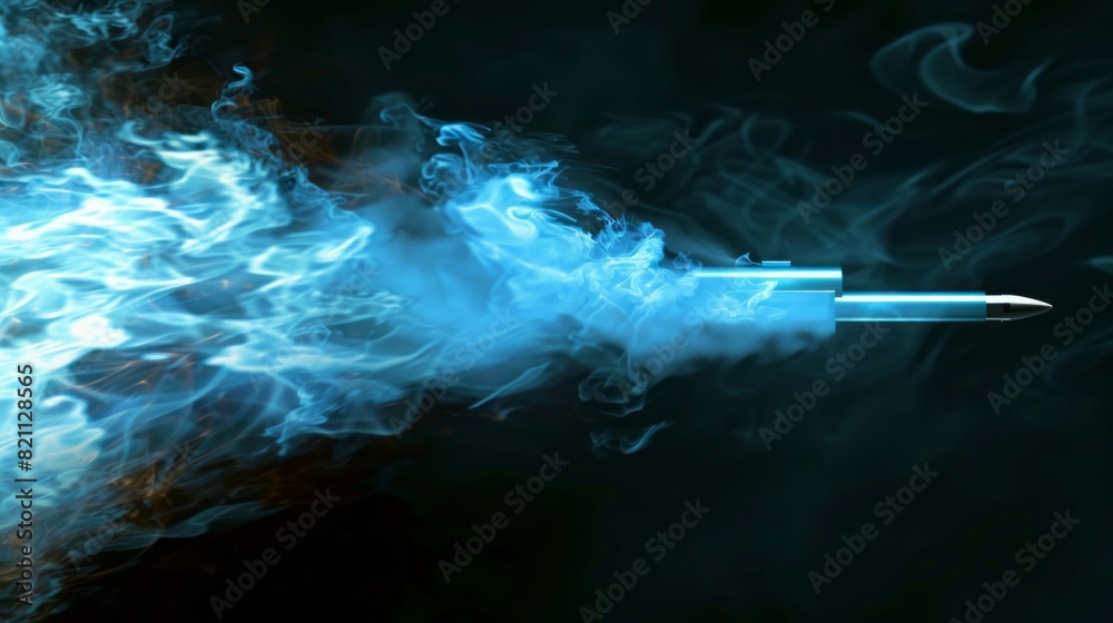 A blue bullet is shot into the air, leaving a trail of blue smoke behind it A blue bullet is shot into the air, leaving a trail of blue smoke behind it