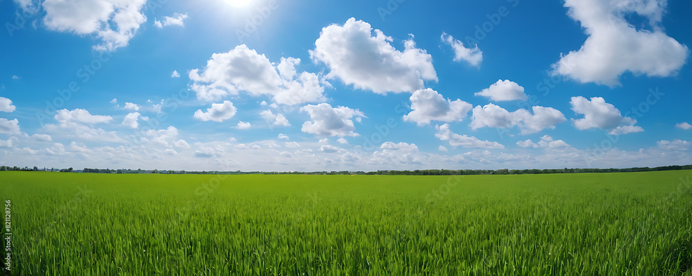 A vast, lush green field stretches towards the horizon under a bright blue sky dotted with fluffy white clouds A vast, lush green field stretches towards the horizon under a bright blue sky dotted with fluffy white clouds