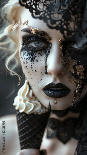Gothic Fantasy Half face of a woman with dark makeup and an elaborate, gothicstyle ice cream with intricate details and dark colors photo