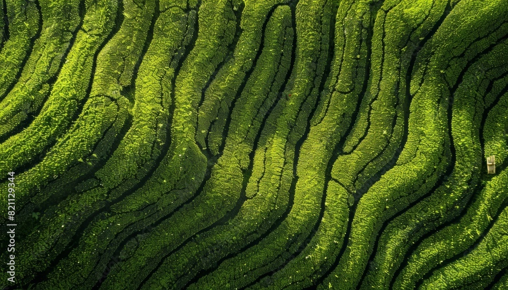 An aerial view of a green tea field, showcasing the lush patterns of the plantation from above, ideal for backgrounds related to agriculture, organic farming, and landscape views An aerial view of a green tea field, showcasing the lush patterns of the plantation from above, ideal for backgrounds related to agriculture, organic farming, and landscape views