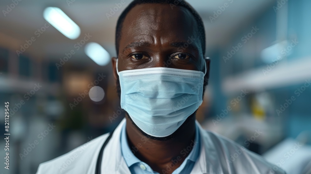 Photograph of a Black African American Handsome Male in White Shirt wearing a Protective Face Mask. Stylish Businessman or a Doctor working in Hospital.