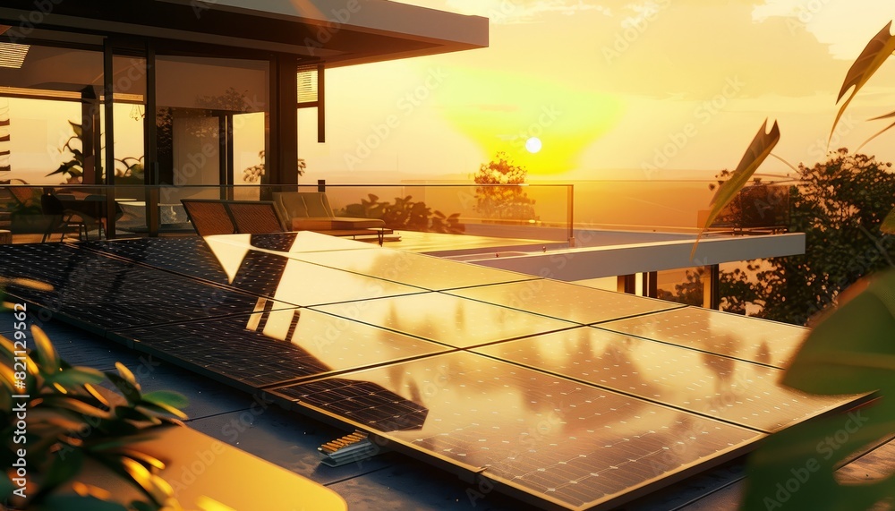 Fototapeta premium A solar panel setup on a rooftop, representing eco-friendly energy solutions in a home setting, capturing the essence of green technology at sunset