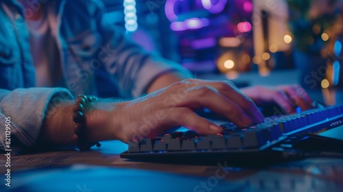 Male hands close up on a desktop computer in a busy creative office environment. Manager types on a keyboard then uses a mouse. He is wearing a bracelet made of wood.