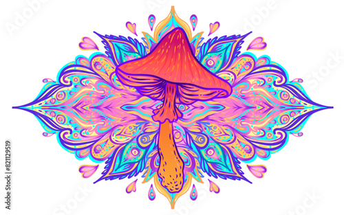 Magic mushrooms mandala. Psychedelic hallucination. Vibrant trippy vector illustration. 60s hippie colorful art. Hand drawn design in ethnic Indian style. Mystic abstract hippie yoga mat design.