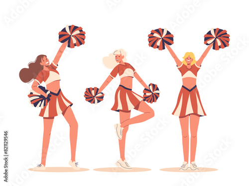 Three Cheerleader Girls In Performance, Team Sports Or Cheerleading Competitions, Showcasing High Energy And Teamwork