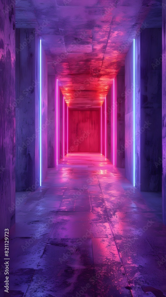 Obraz premium A dimly lit hallway with neon lights stretching into the distance
