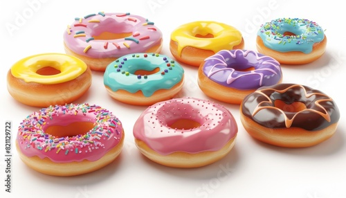 A background of assorted donuts, isolated on white, featuring colorful glazes and sprinkles, ideal for sweet food presentations and bakery themes