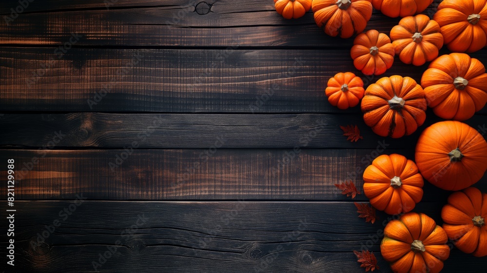 A neat arrangement of bright orange pumpkins on a dark wooden table, viewed from above, creating a warm Thanksgiving theme with space for text. AI generated A neat arrangement of bright orange pumpkins on a dark wooden table, viewed from above, creating a warm Thanksgiving theme with space for text. AI generated
