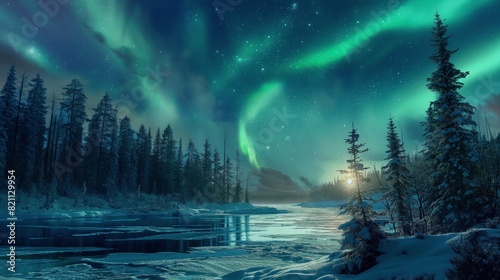 A lake, snow, pine trees, and the Aurora Borealis can be seen in the night sky above a northern winter landscape. photo