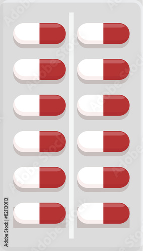 Graphic image showcasing a blister pack with red and white medication capsules