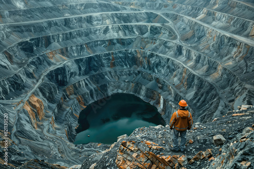 Miner overlooking a vast open-pit mine. photo