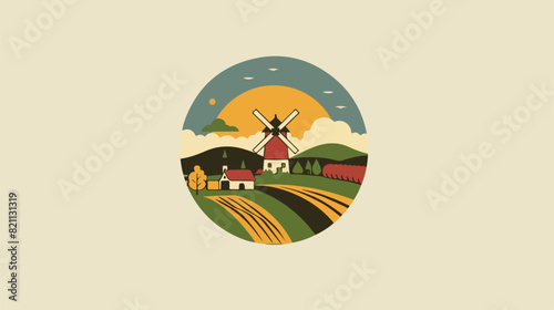 Colored logotype with countryside landscape farm build
