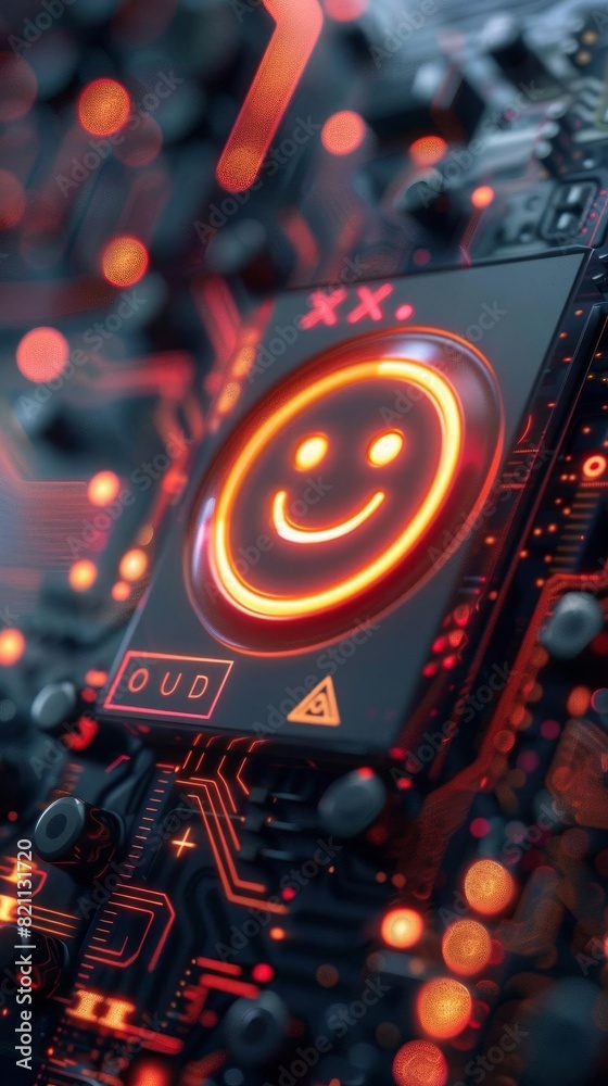 Fototapeta premium Illustration of a client satisfaction icon with client text on an electronic mainboard background with AI label, symbolizing AIenhanced client satisfaction
