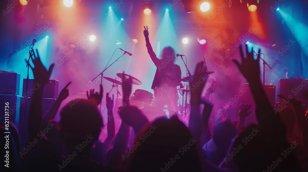 Front Row Crowd is Partying. Guitarists and Drummer Perform at a Night Club. Fans Raise Hands in Front of Bright, Colorful Strobing Lights on Stage.