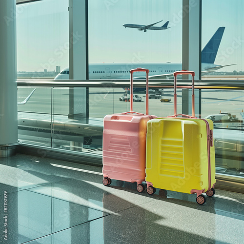 Suitcases in airport. Travel concept. Generative AI