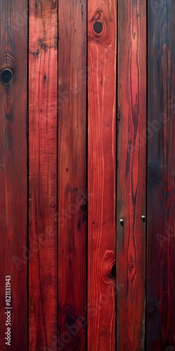 Detailed view of a wooden fence painted in red, showing texture and color up close