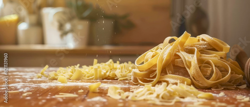 Fresh handmade pasta, parmesan cheese on wooden kitchen table, blurred background