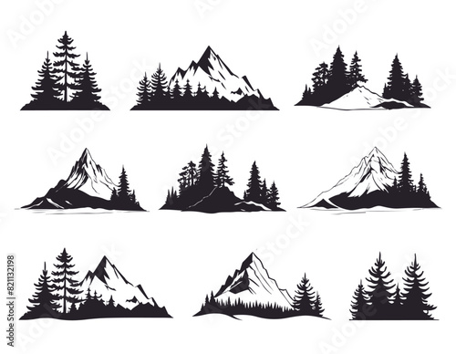 Silhouette mountains and hills are set with fir trees forest. Logotype ice mountain art, pine tree art for logo, t-shirt, coloring page vector.