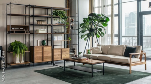 a wooden bookcase in the living room  featuring a harmonious blend of white and green accents  set beside a cozy sofa  boasting a simple yet elegant square design with visible details.