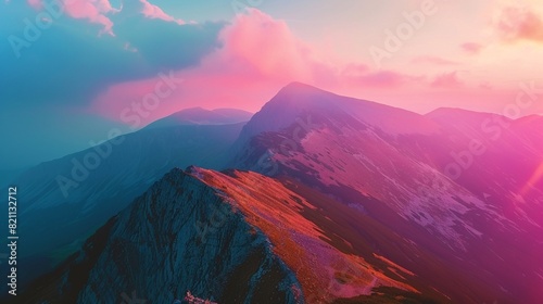 Colorful, abstract double exposure of mountains in sunrise. Minimalist scenery with color gradients. Tatra mountains in Slovakia, Europe. #821132712